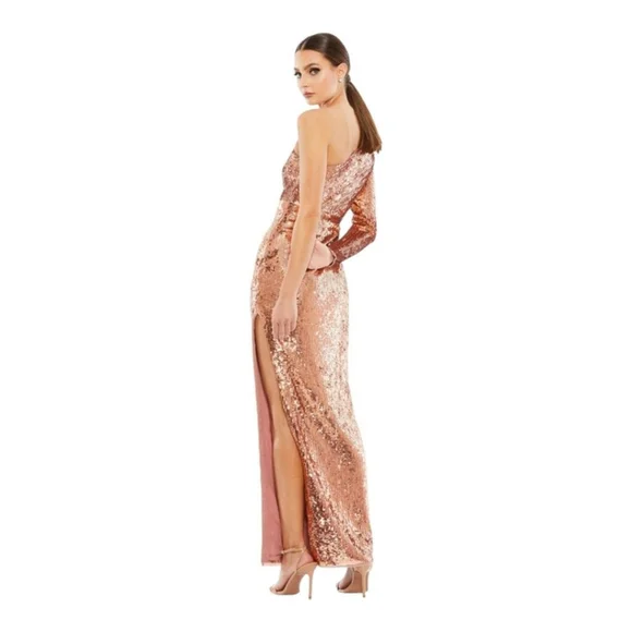 Mac Duggal Cognac Gold Sequin One-Shoulder Gown Size 8 - Picture 2 of 11